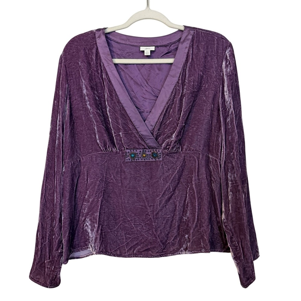 Vtg Y2K J.Jill Purple Crushed Velvet Babydoll Top Sz L Petite Beaded Silk Fairy